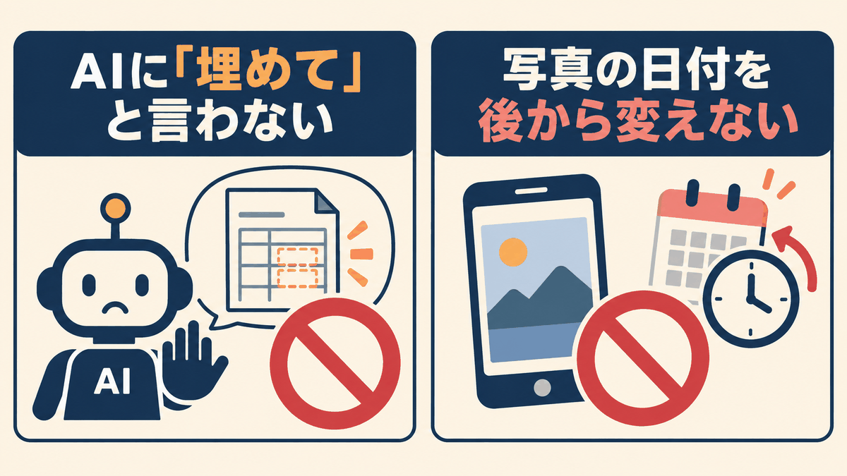 AIに空欄を埋めさせない、写真の日付を後から変えないというHACCP記録の禁止事項の図