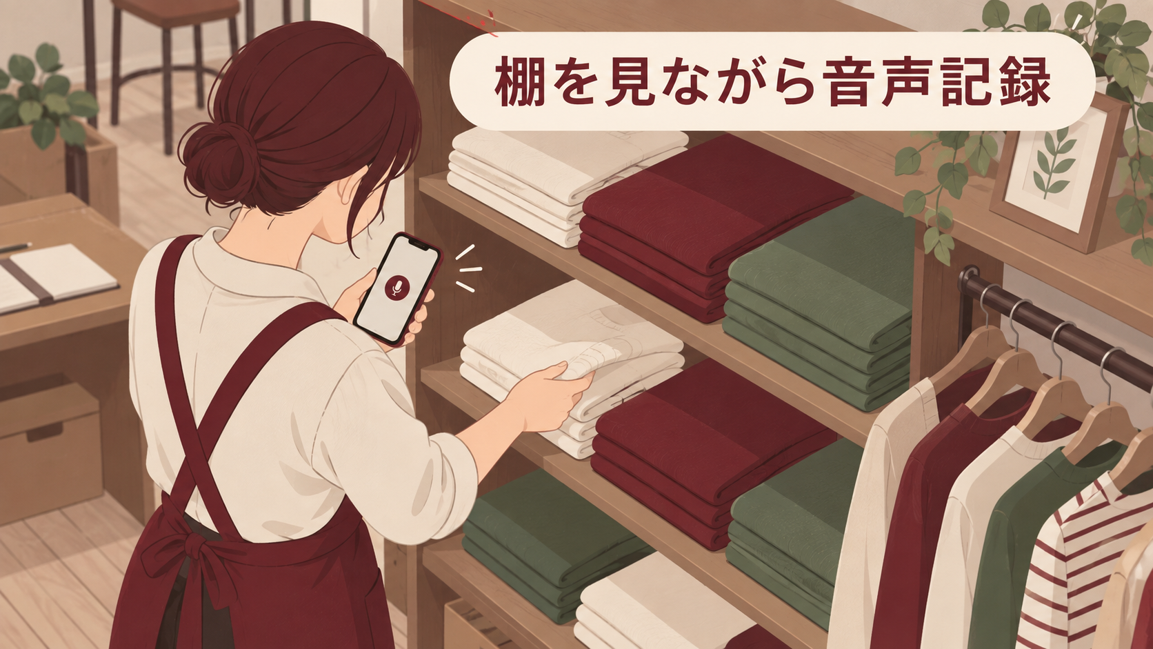 アパレル店でスマートフォンへ数量を読み上げながら棚卸するイメージ