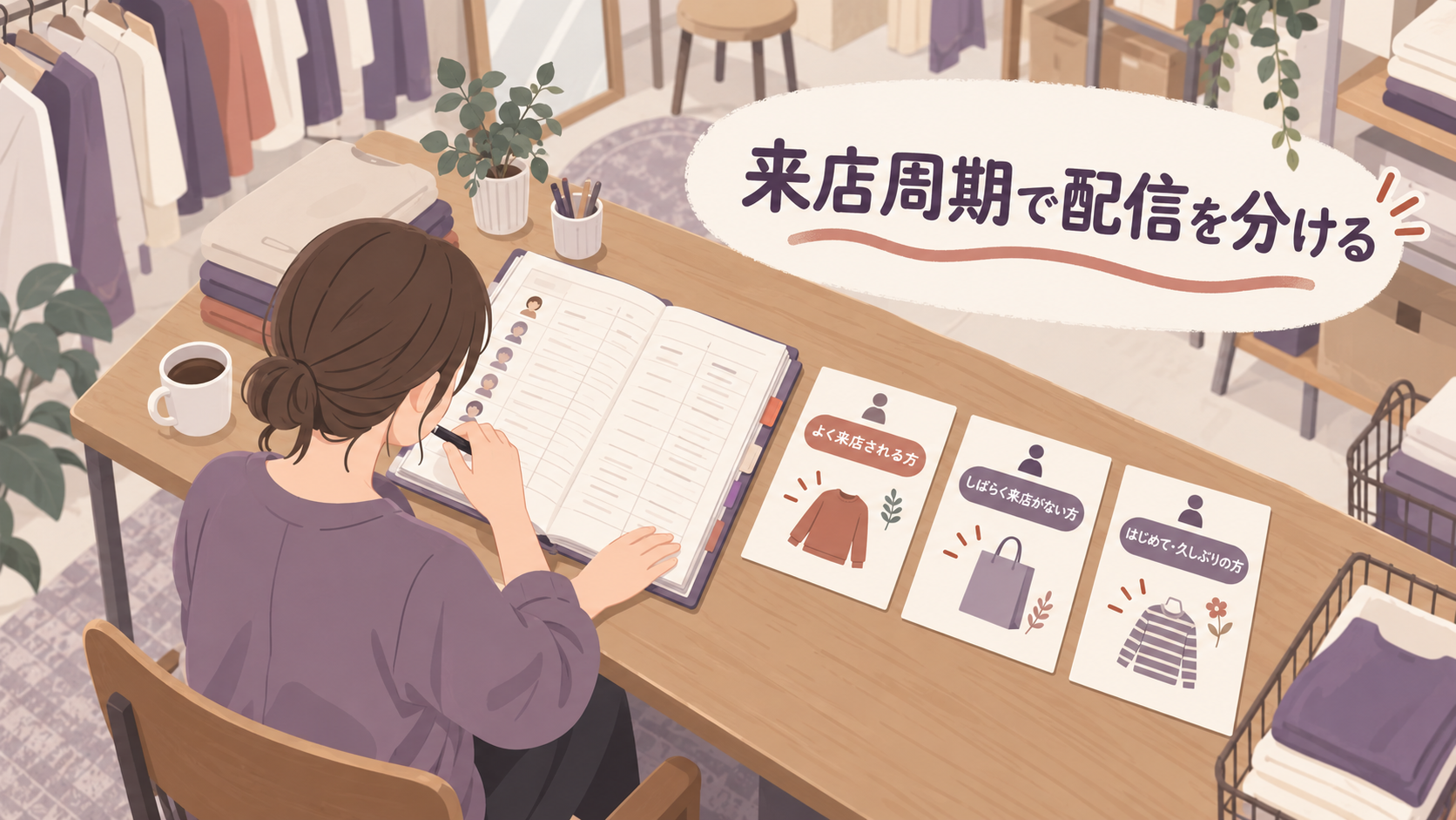 アパレル店で顧客の来店周期を見ながら配信内容を分けるイメージ