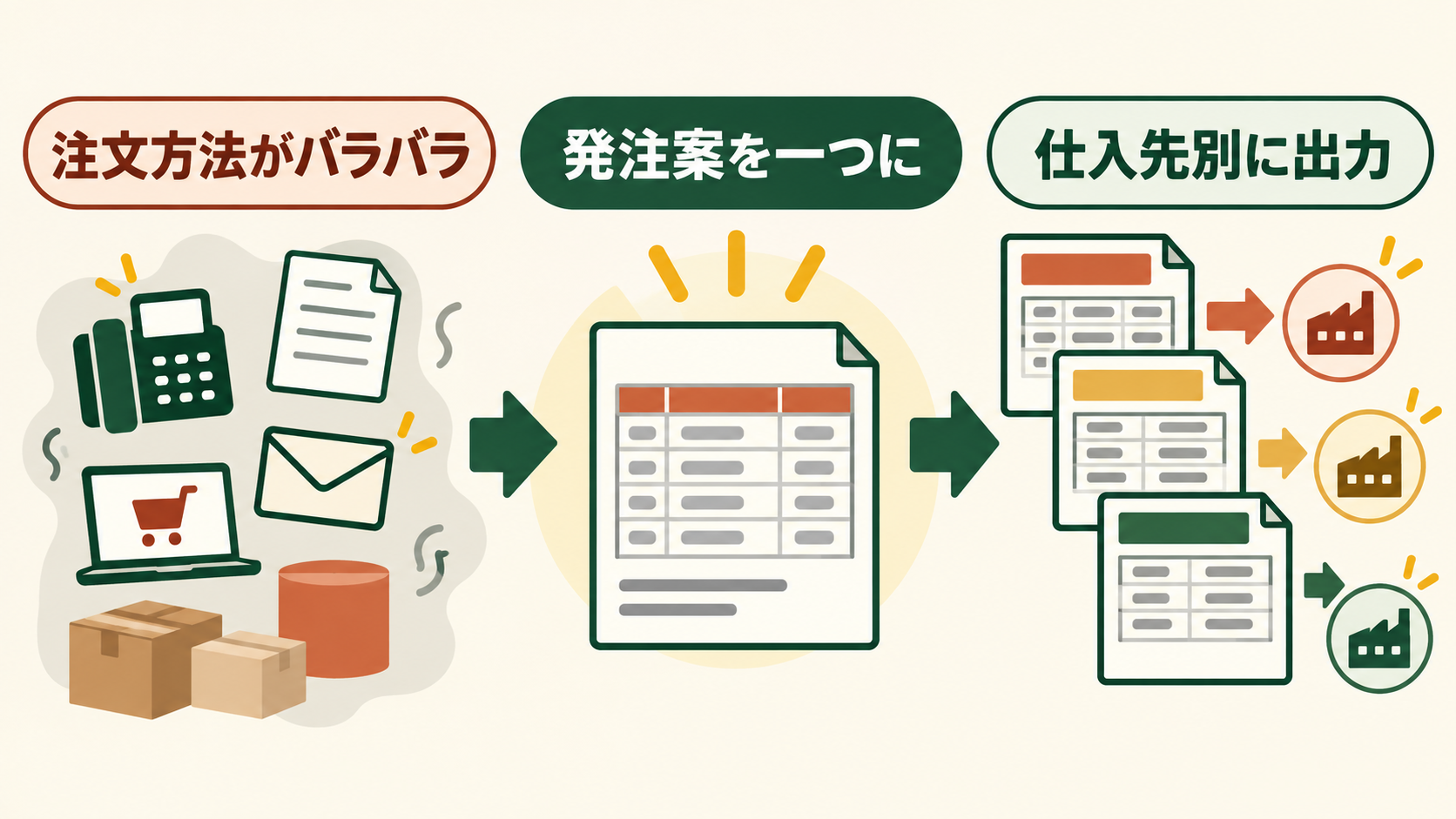 バラバラな仕入先発注を共通の発注案から作成する流れ
