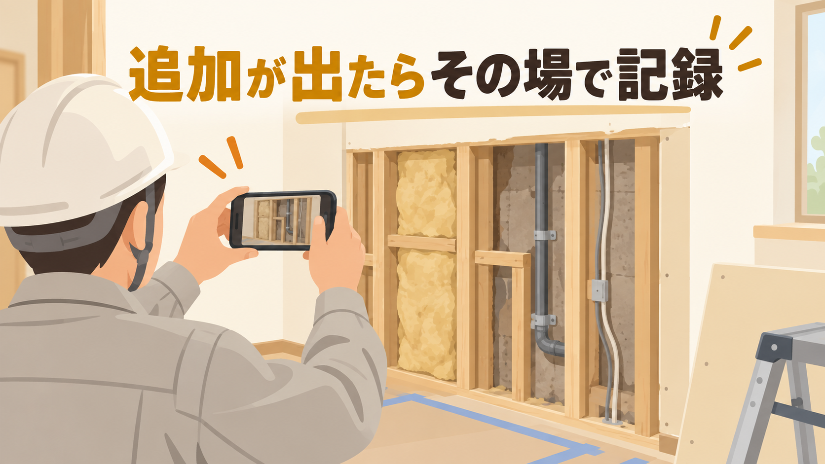リフォーム現場で追加工事箇所をスマートフォンで記録するイメージ