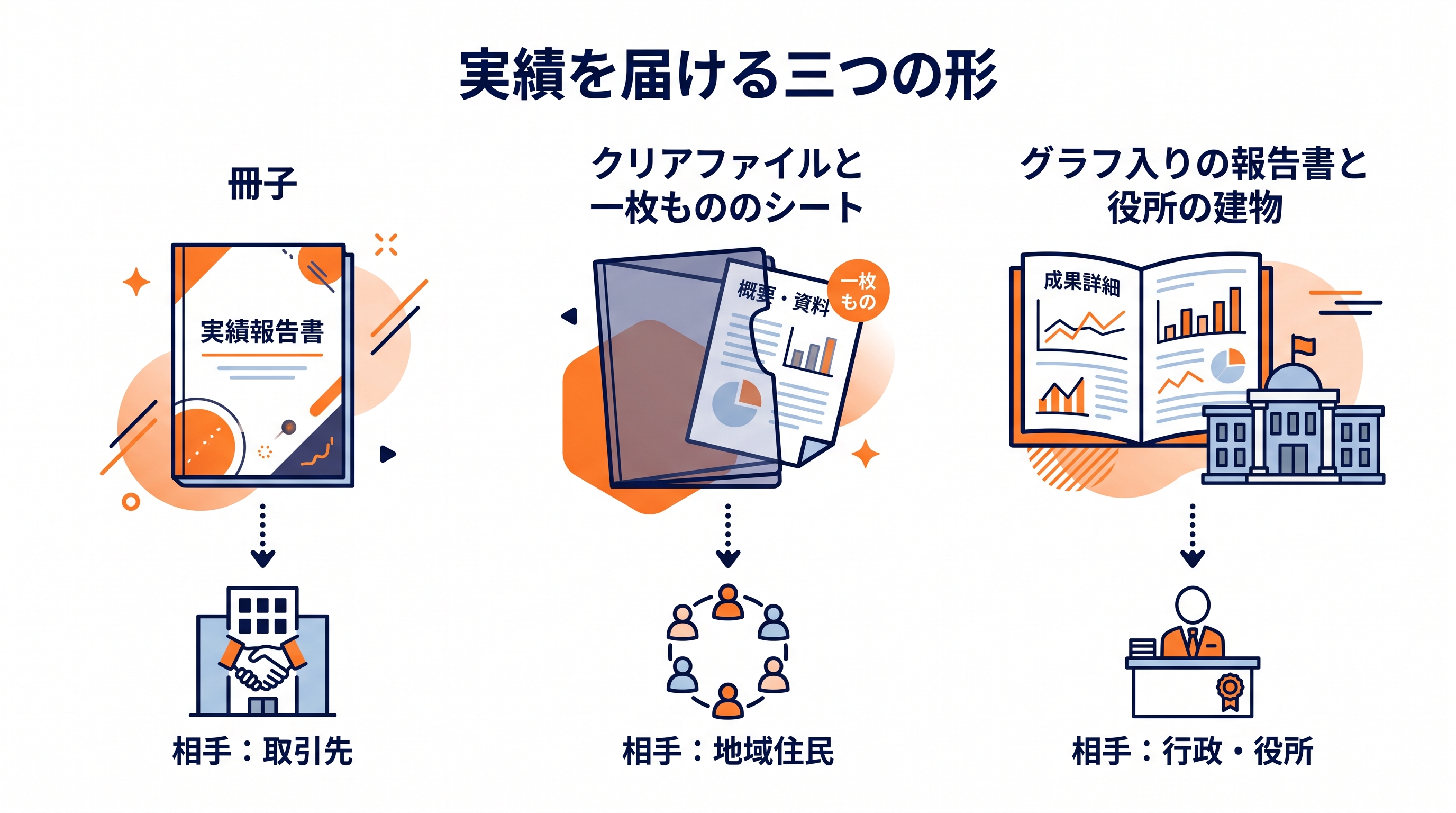 紙の事例集・面談用の差し込みシート・行政向け活動報告という三つの形と渡す相手を対比した図