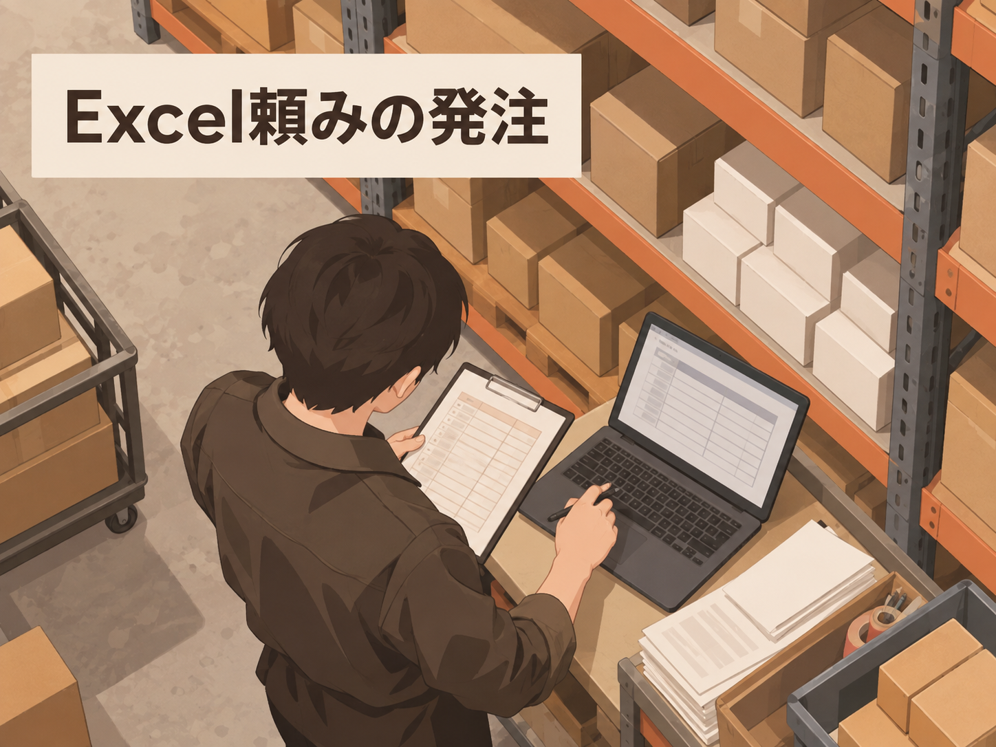 倉庫担当者が在庫数と個人Excelを照合して発注判断している資材卸のイメージ