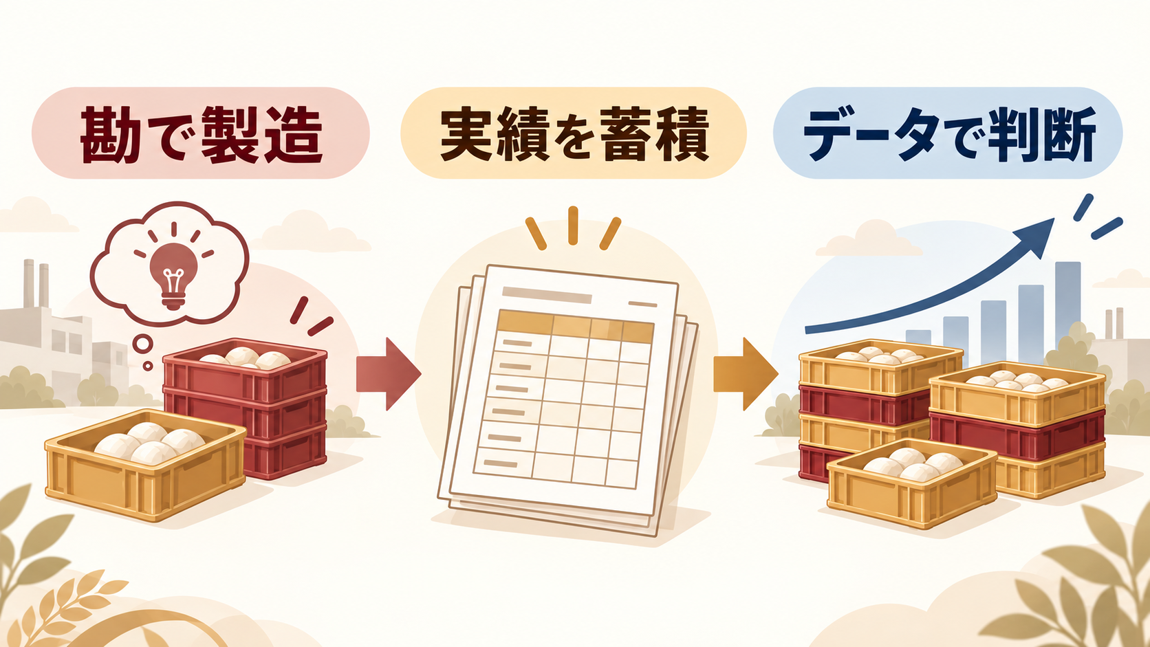 勘による食品製造計画から実績蓄積を経てデータによる需要予測へ移る流れ
