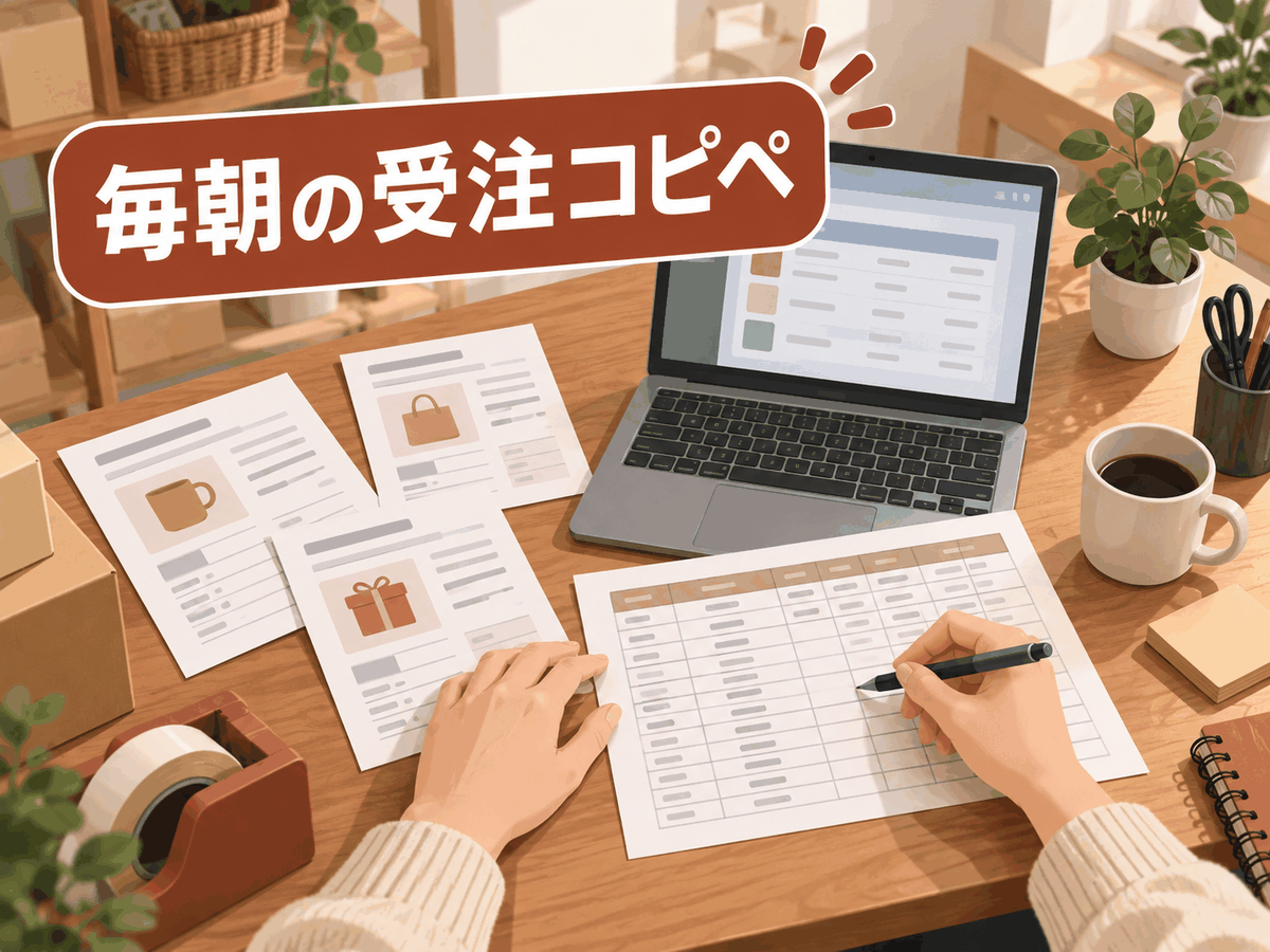 複数のEC注文を受注管理表へ手作業で転記している小規模ネットショップのイメージ