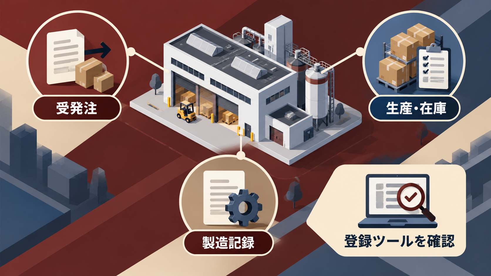 製造業の受発注、生産在庫、製造記録とITツールの関係。