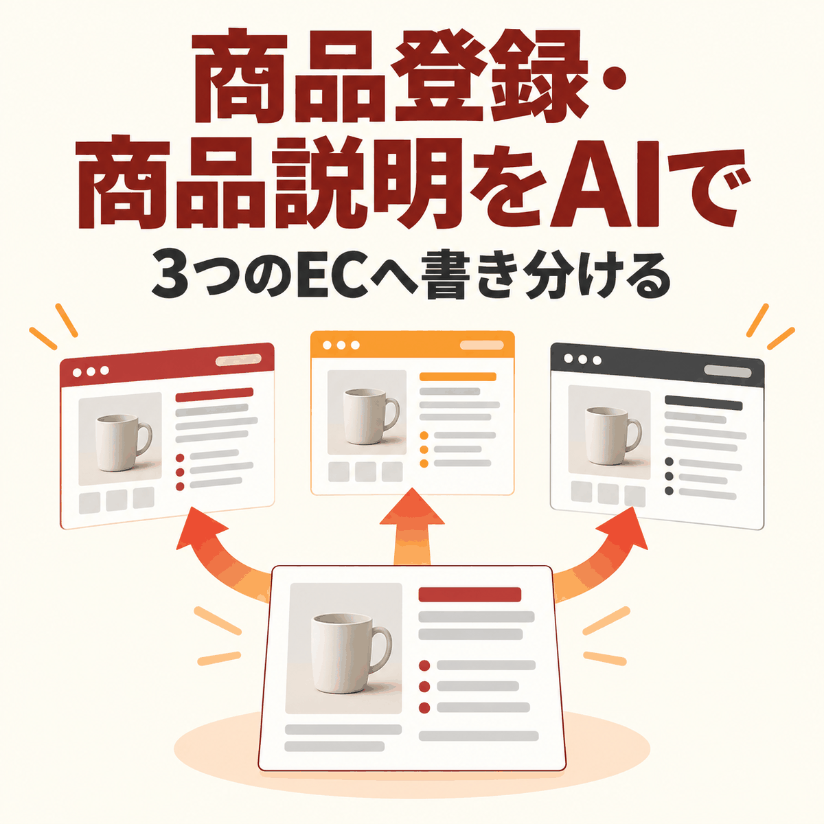 一つの商品情報から複数EC向けの商品説明をAIで作るイメージ