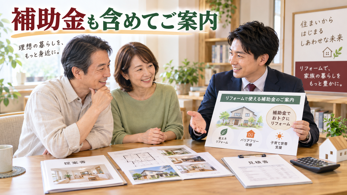 リフォーム会社の営業担当が補助金情報を整理して施主に説明する想定場面
