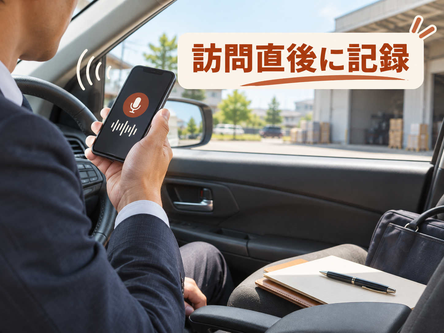 駐車した営業車内でスマホに訪問内容を音声入力するルート営業担当者
