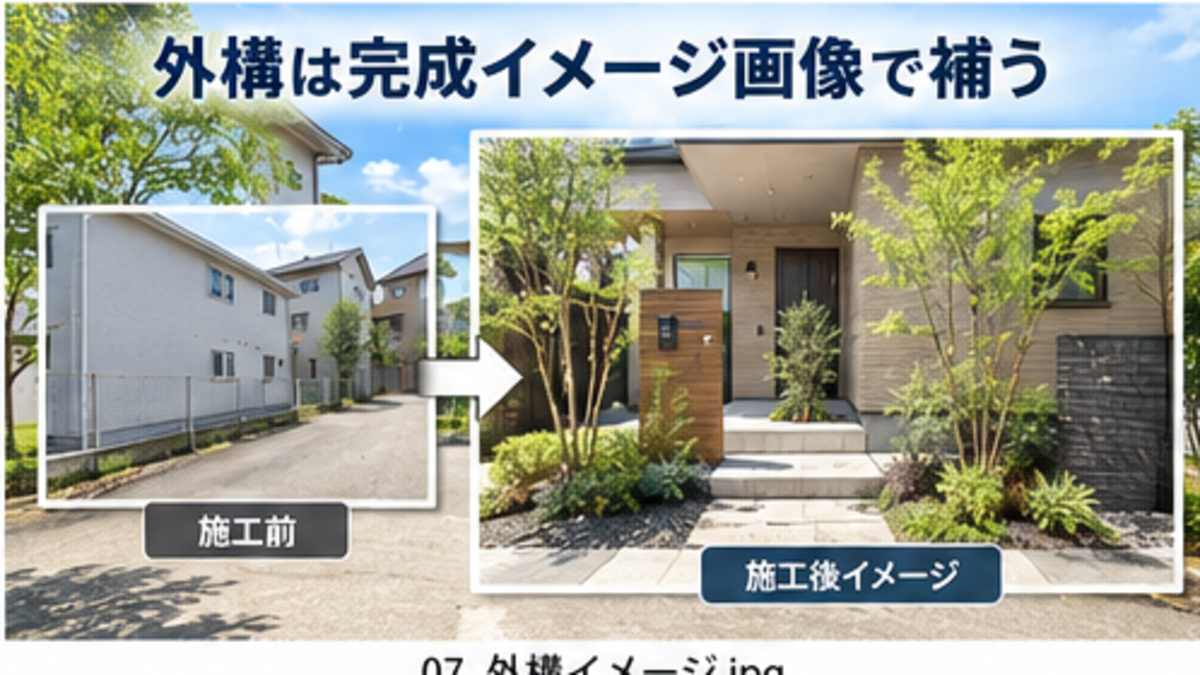 AIで外構リフォームの完成イメージを提案資料に活用するイメージ