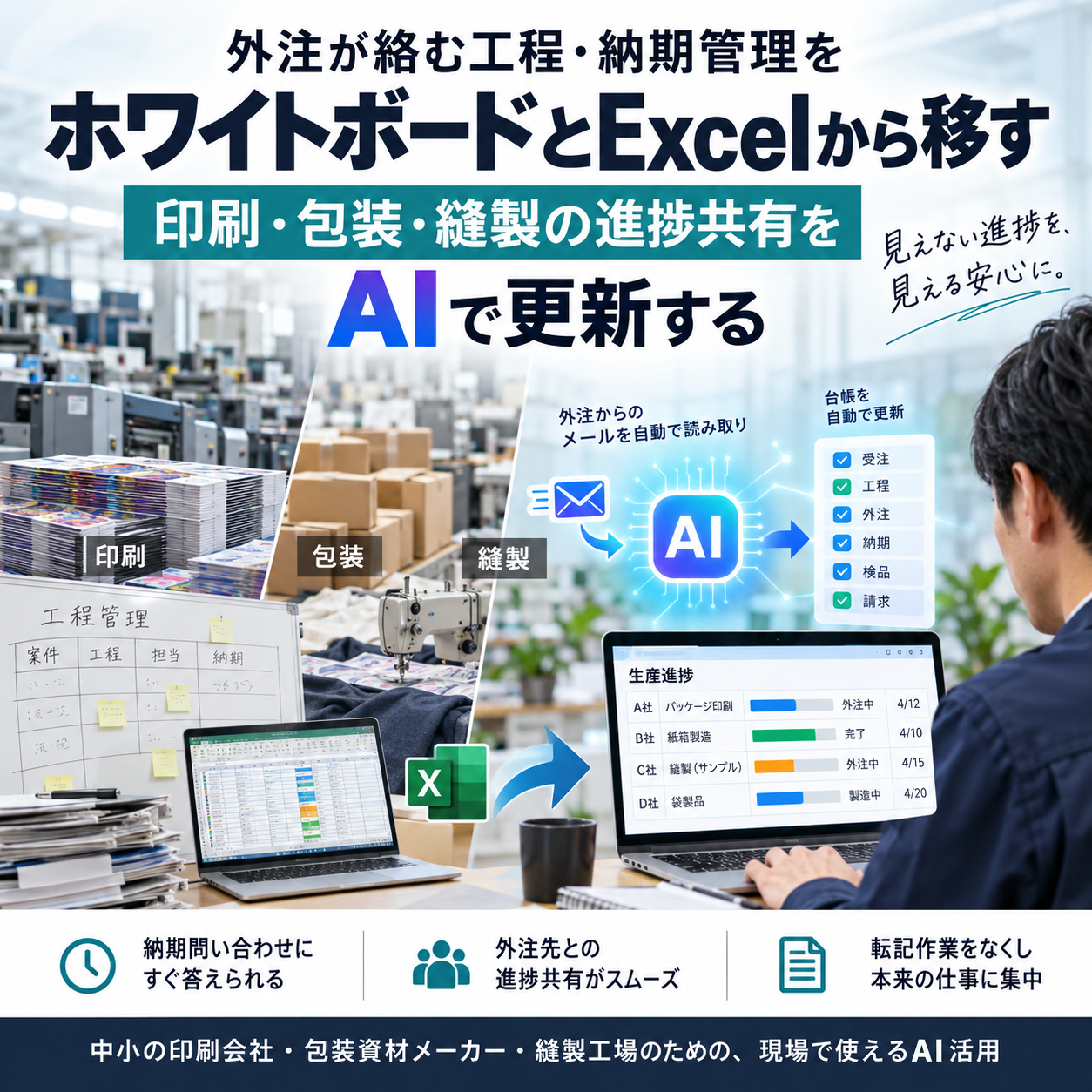 外注先のメールをAIで読み取り工程台帳へ反映する流れ