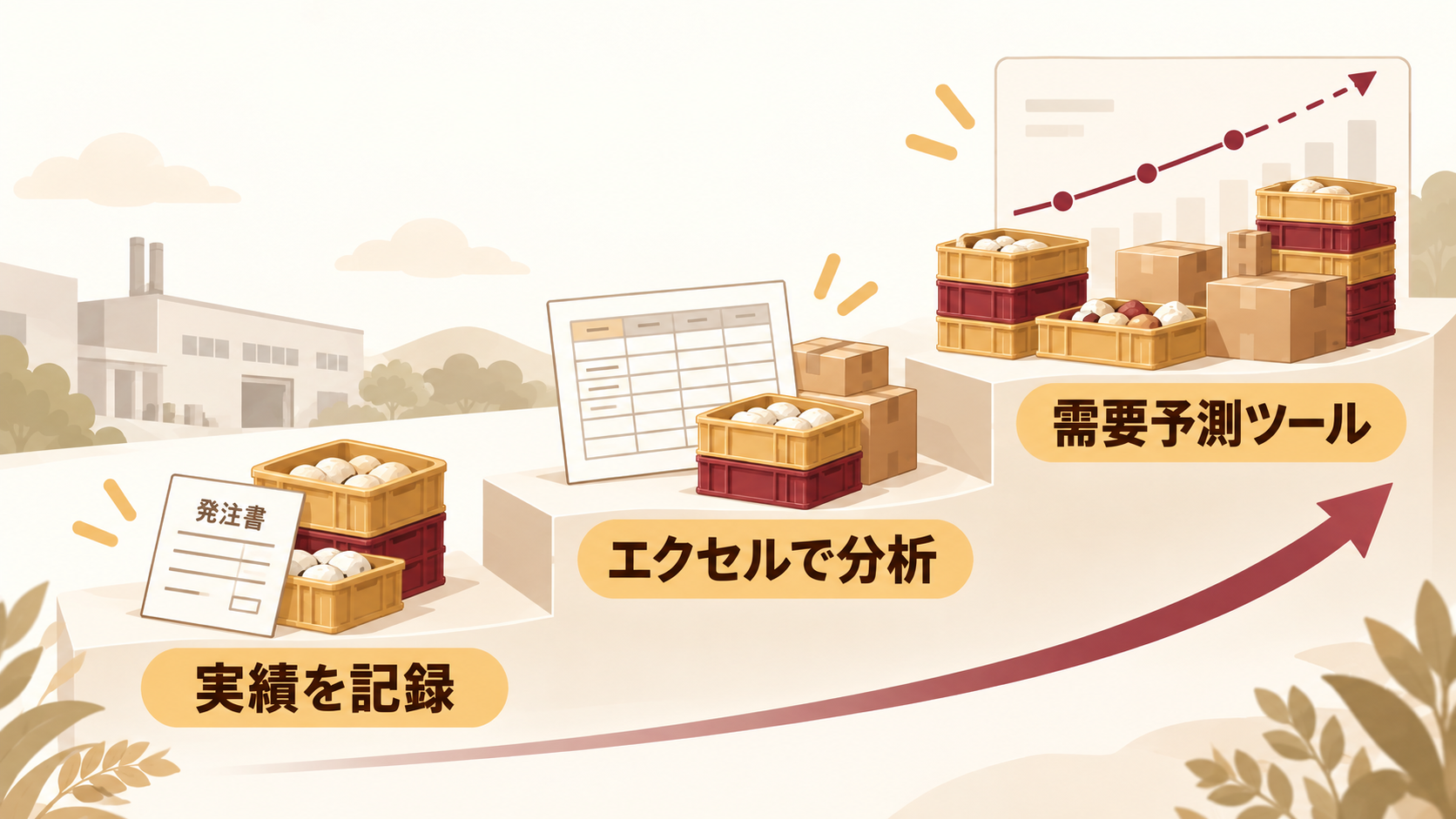 食品製造の需要予測を実績記録からExcel、AI需要予測ツールへ段階的に進めるイメージ