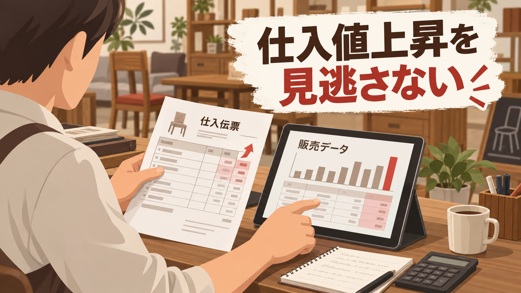 家具店で仕入伝票と売上データを比較して粗利を確認する想定例
