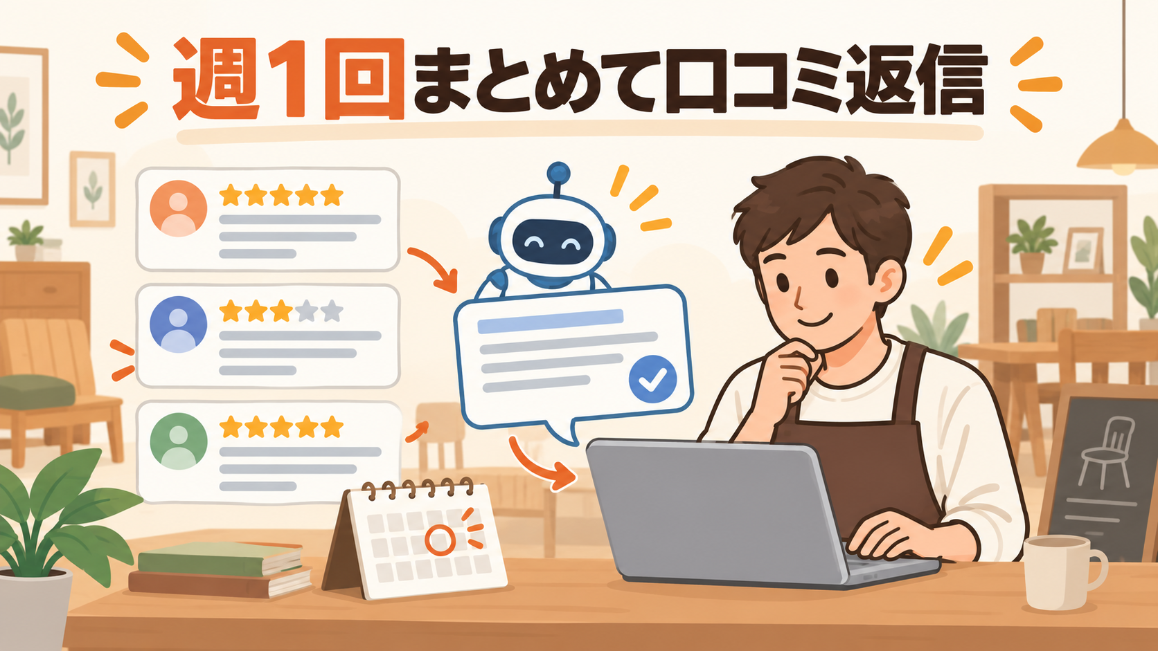 家具店の店主がAIで作った口コミ返信案を確認する様子