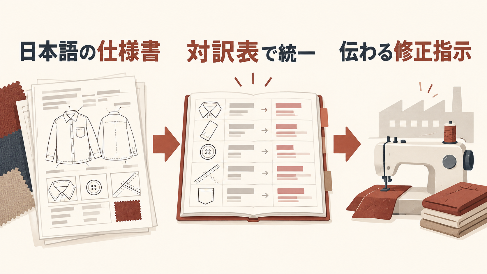 日本語仕様書を専門用語対訳表を使って海外工場向けにAI翻訳する流れ