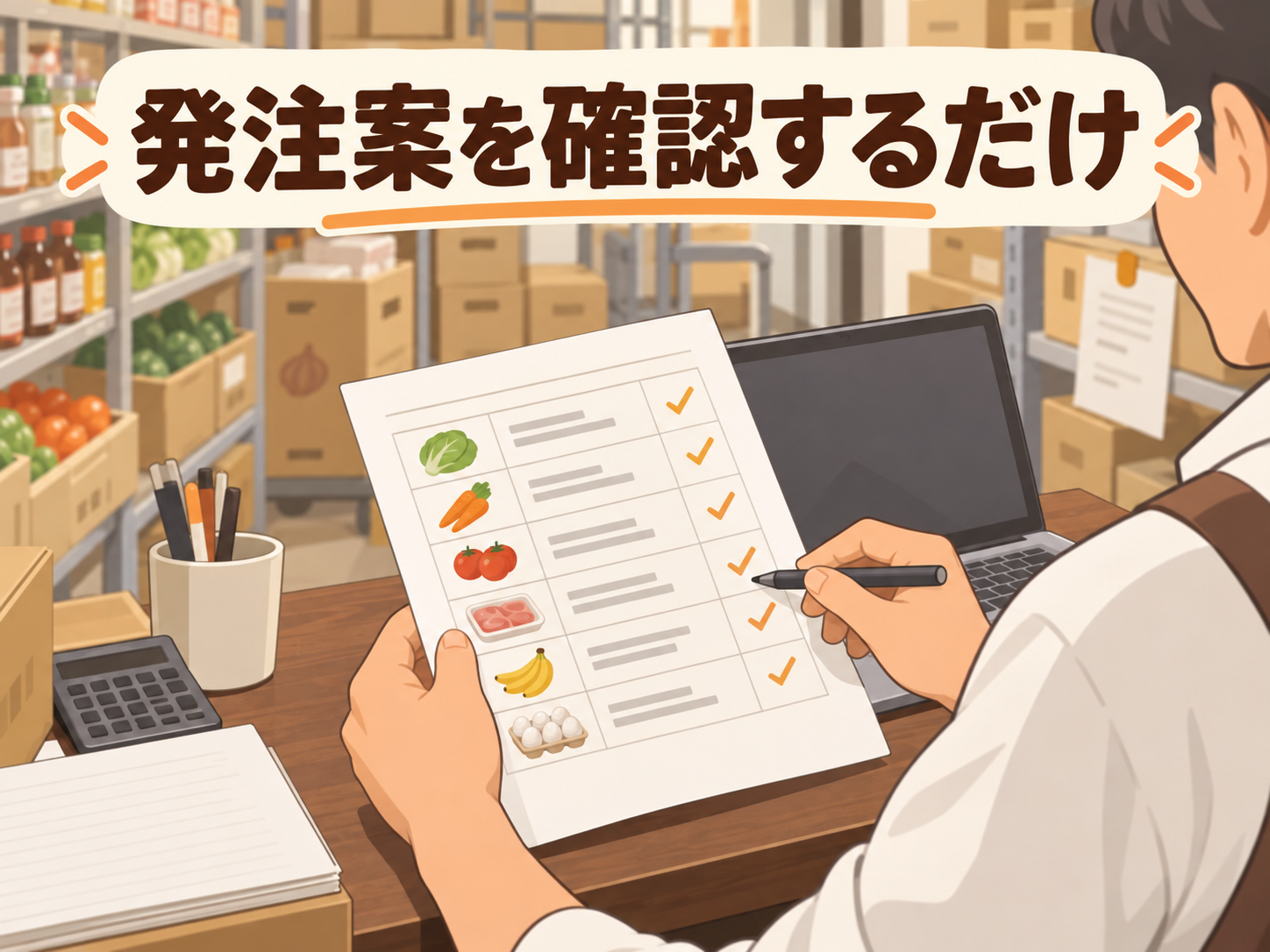 小規模食品スーパーで店主がAIの発注案を確認するイメージ