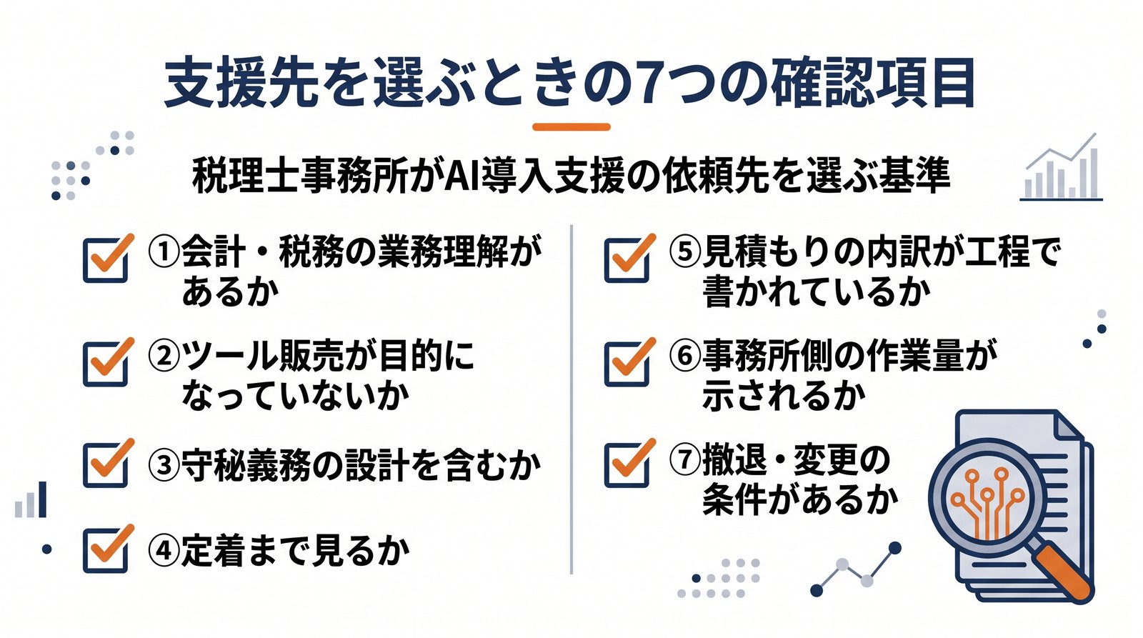 画像 AI導入支援の依頼先を選ぶ際の7つの確認項目をチェックリスト形式で並べた図解