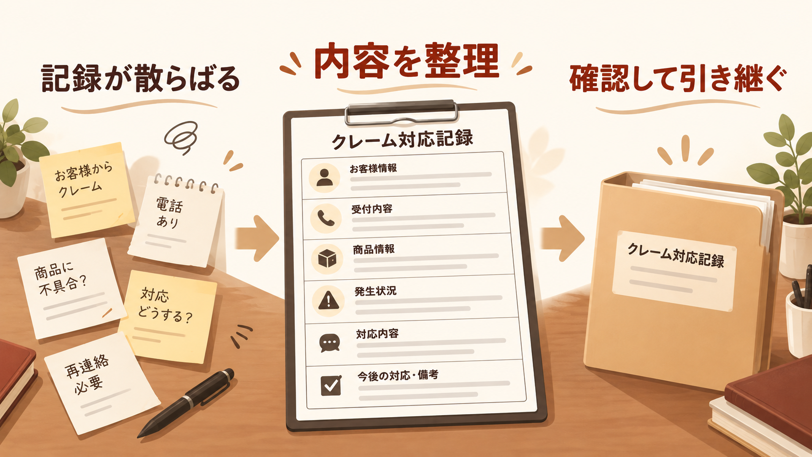 分散した対応メモを整理し、確認して引き継ぐ流れ。