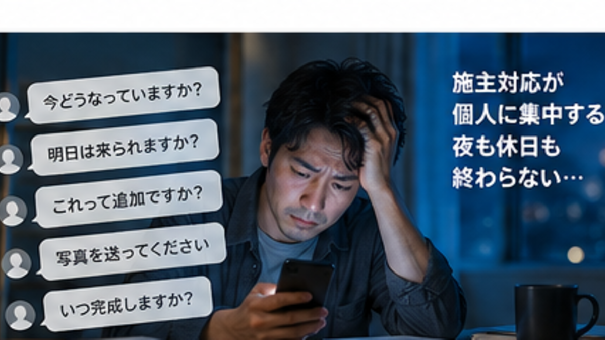 リフォーム会社の担当者が施工後の施主LINE対応をAIで効率化するイメージ