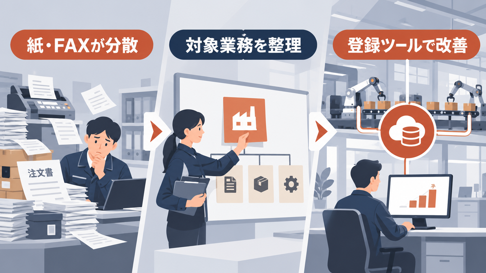 製造業が業務を整理して補助対象ツールを導入する流れ。