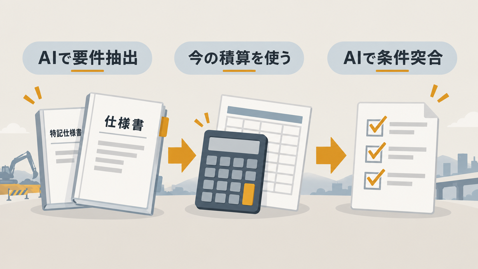 特記仕様書と数量表と積算結果をAIで突合して差異を確認する図