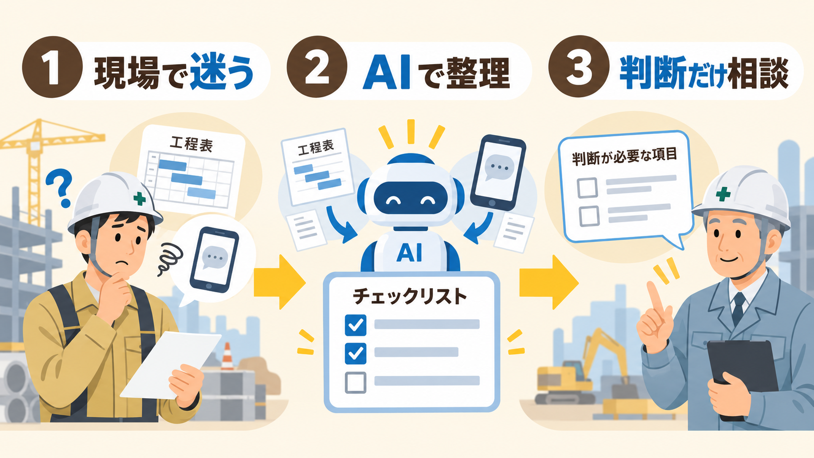 若手監督の質問をAIで整理し必要な判断だけシニアへ確認する流れ