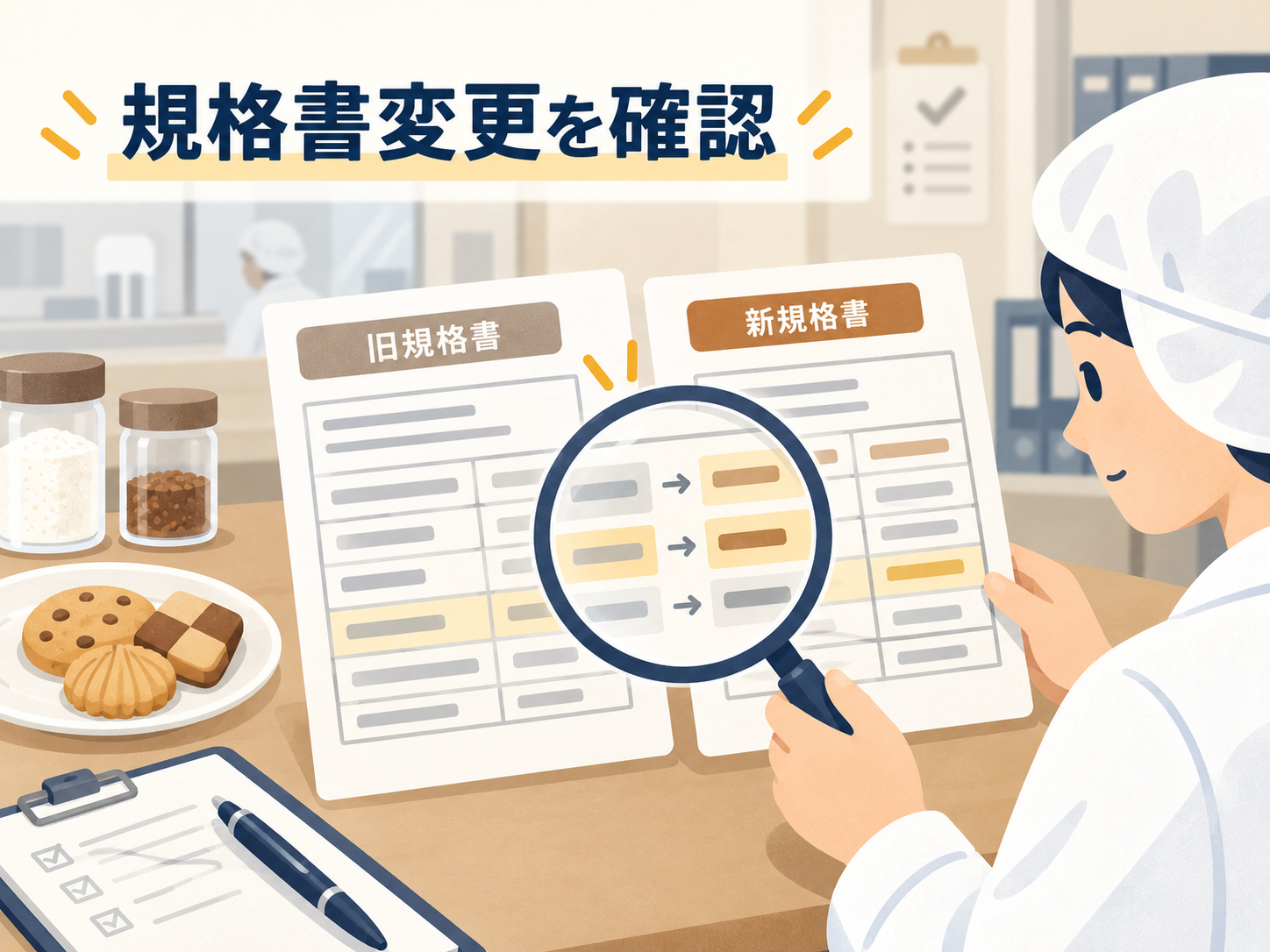 菓子メーカーで旧版と新版の原材料規格書を比較する食品表示チェックのイメージ