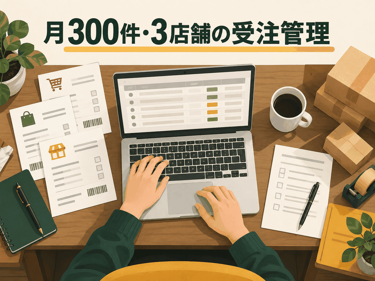 複数ECの注文をスプレッドシートへまとめているEC担当者のイメージ