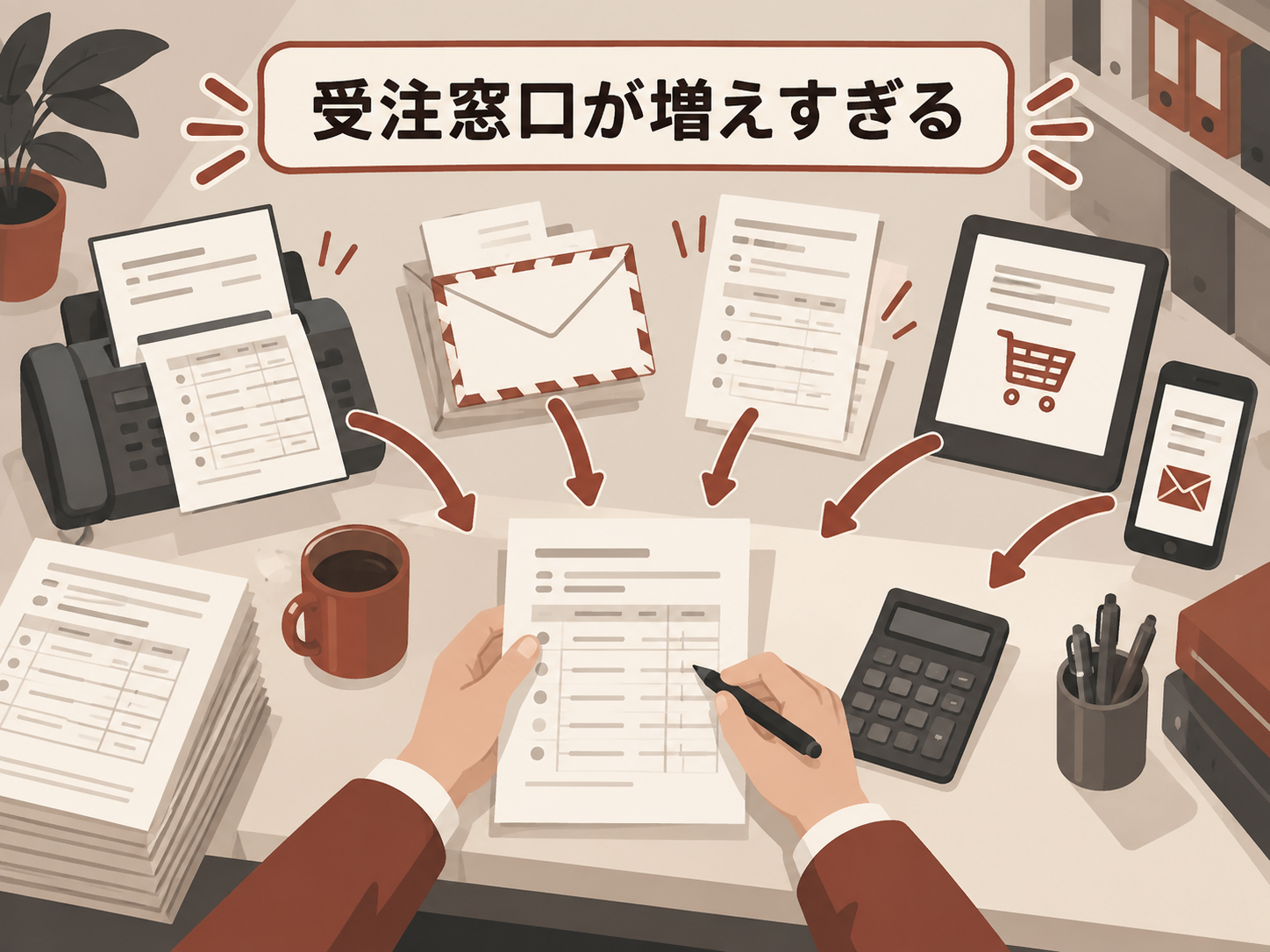 複数の受注方法から届く注文を確認する卸売会社の事務担当者