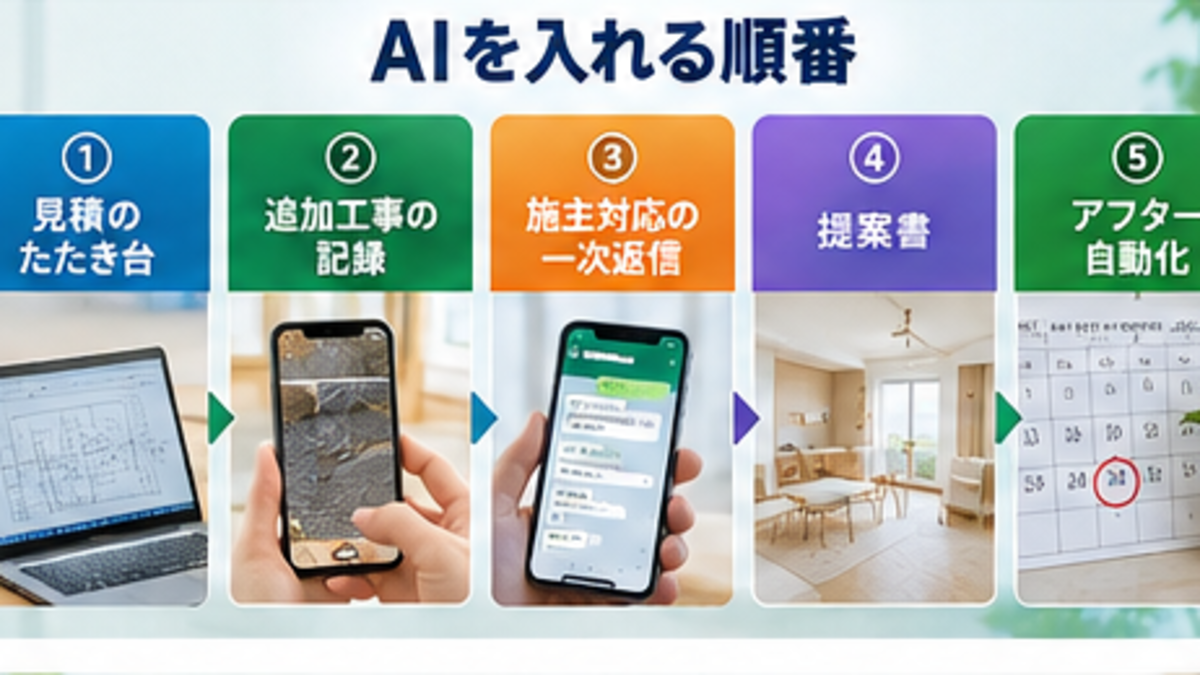 見積からアフターまで段階的にAI導入を進める5段階の図