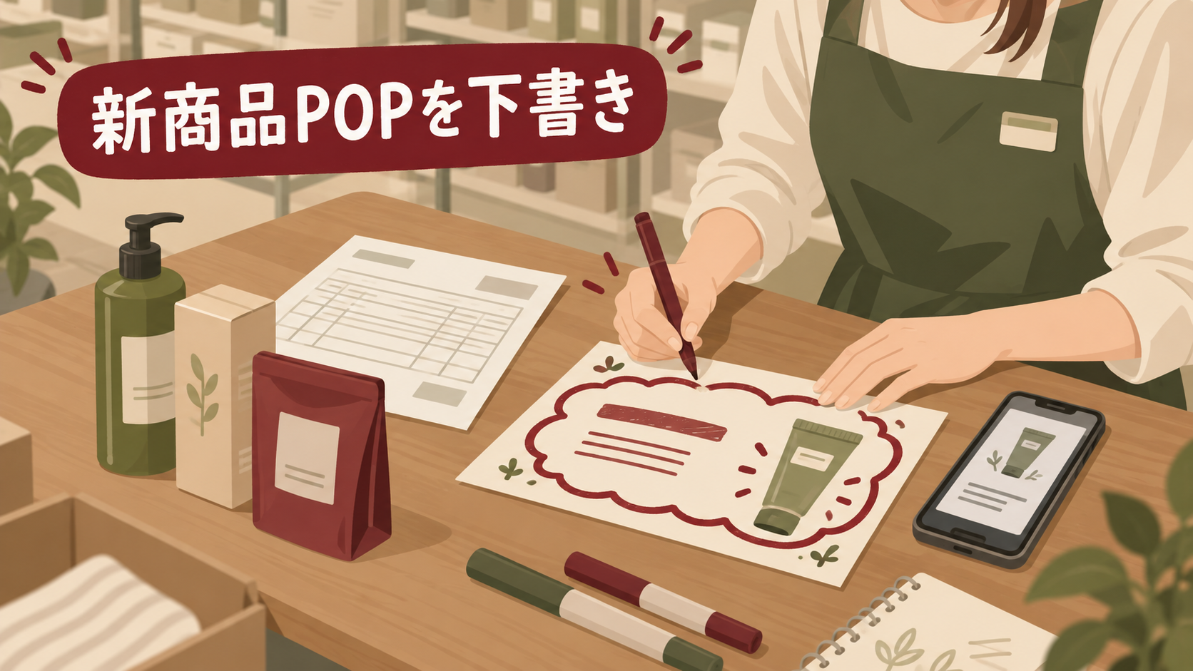 雑貨店で仕入伝票と商品を確認しながらAIでPOPの下書きを作る場面