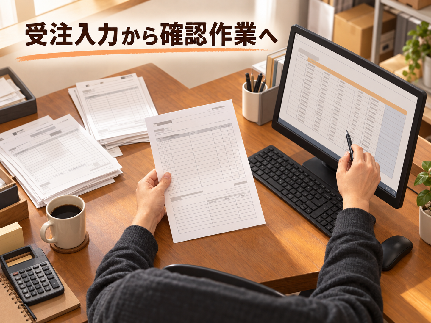 食品卸の事務担当者がAIで整理されたFAX注文内容を確認している想定イメージ